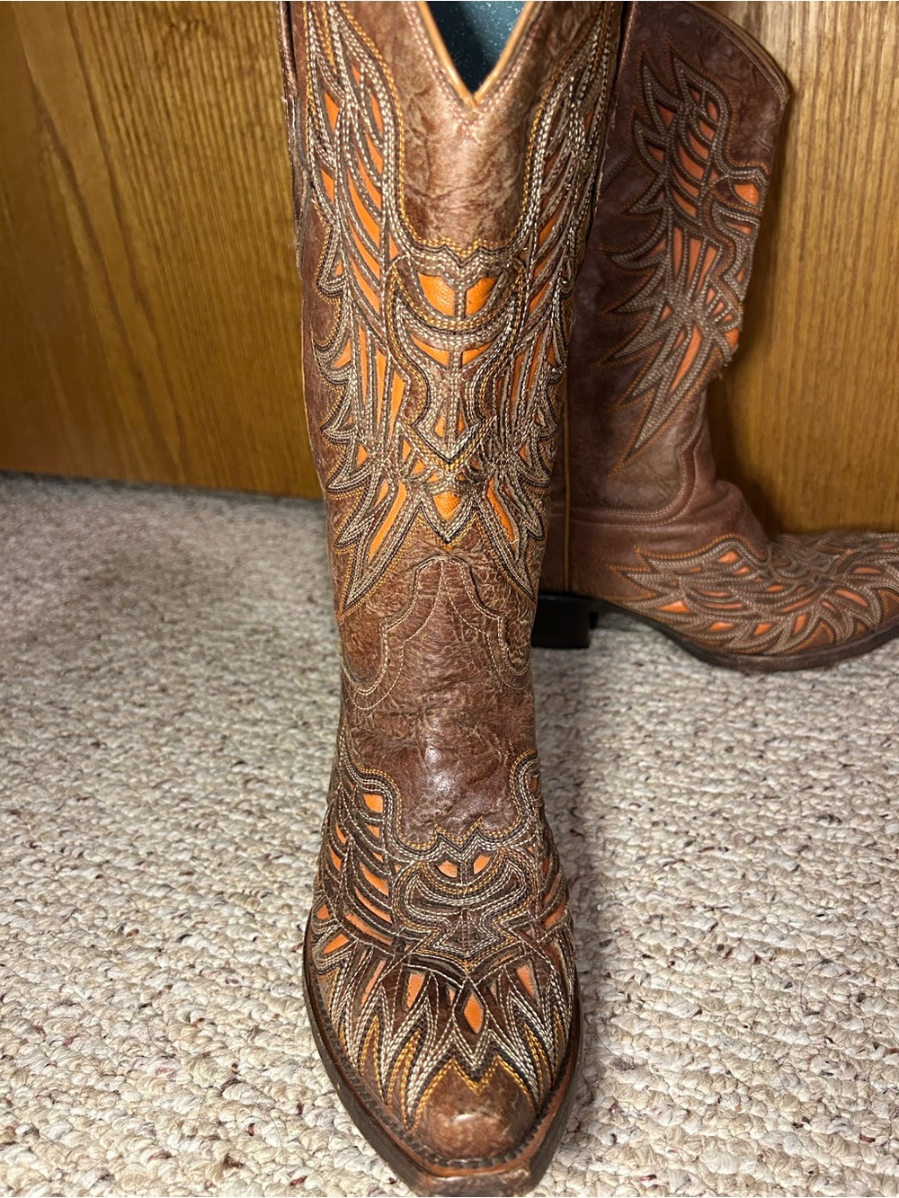 Women’s Brown Leather Heeled Cowboy Boots with Orange Inlay